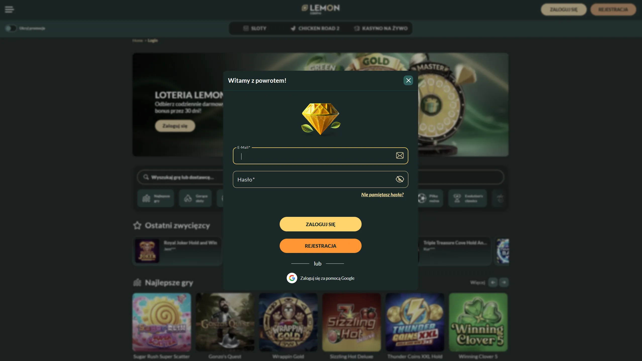 Lemon Casino logowanie – strona główna i przycisk wejścia
